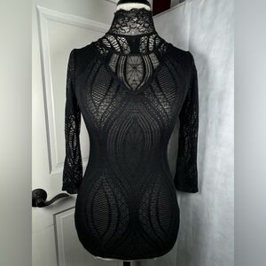 Free People Black Lace Women's Tunic Top Body Hugging 3/4 Sleeves Size Small